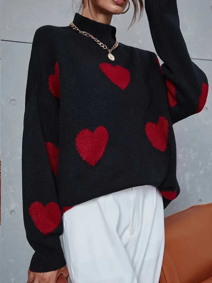 Women's Heart Print Knitted Turtleneck Jumper in Relaxed Fit