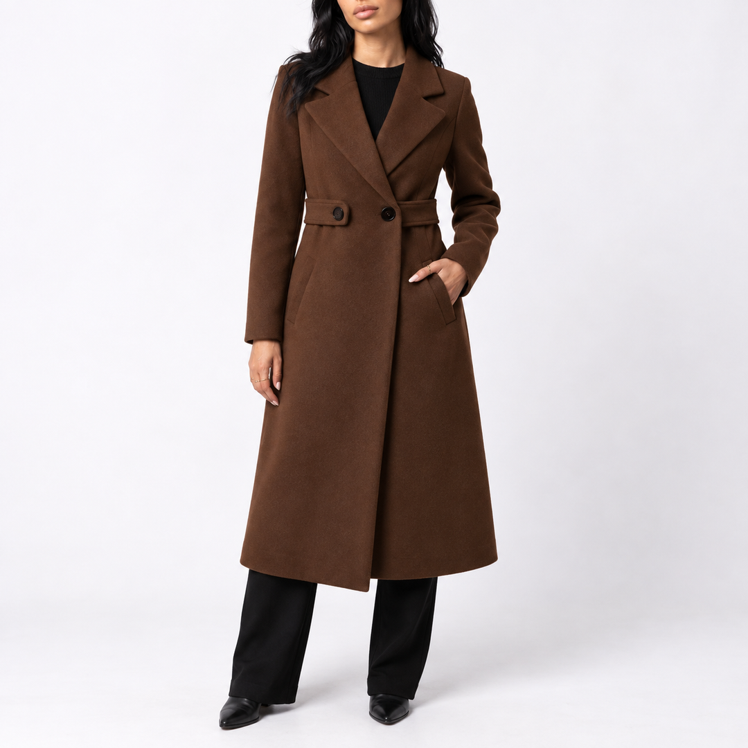 Women's Wool Long Coat with Belted Waist and Wide Lapels