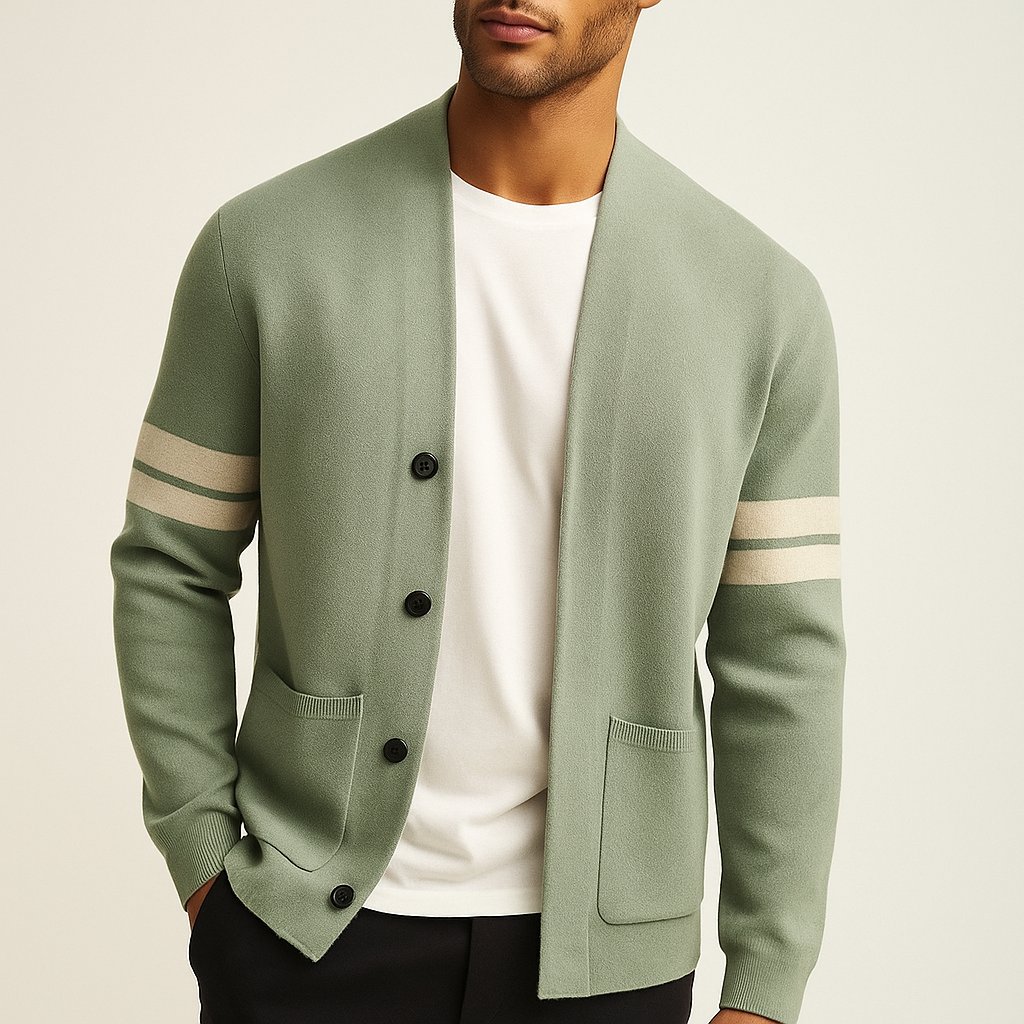 Men's Knitted Cardigan with Striped Sleeve Detail