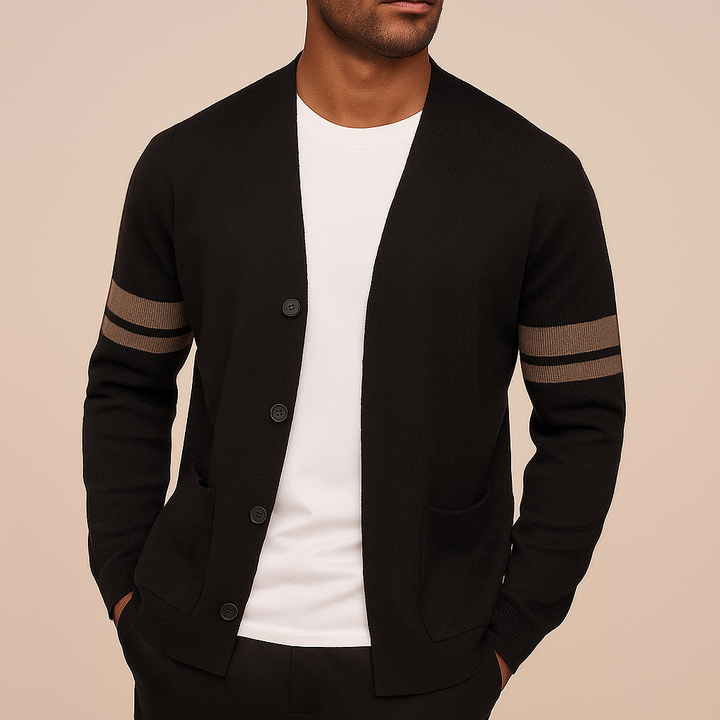 Men's Knitted Cardigan with Striped Sleeve Detail