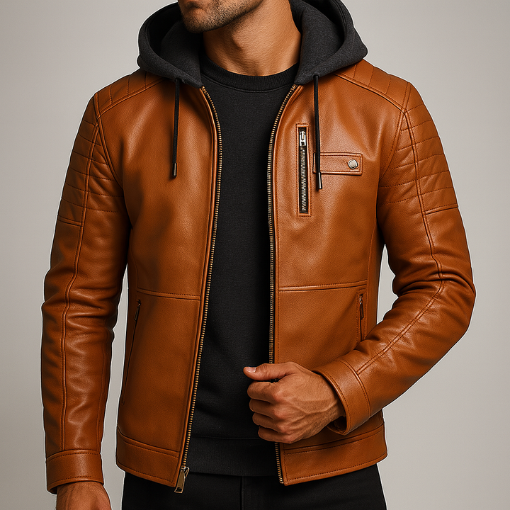 Veste à capuche en cuir pour homme avec capuche amovible