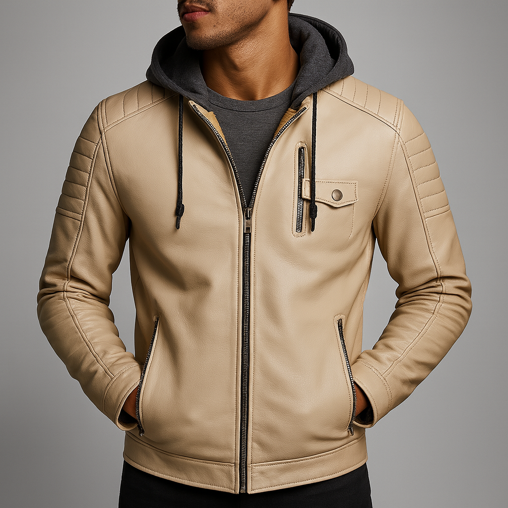 Veste à capuche en cuir pour homme avec capuche amovible