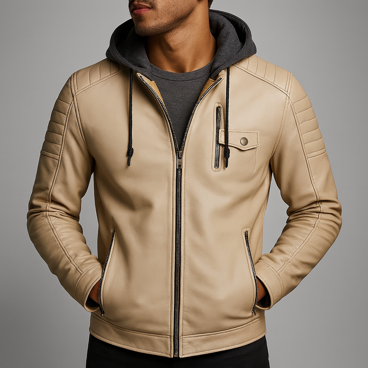 Veste à capuche en cuir pour homme avec capuche amovible