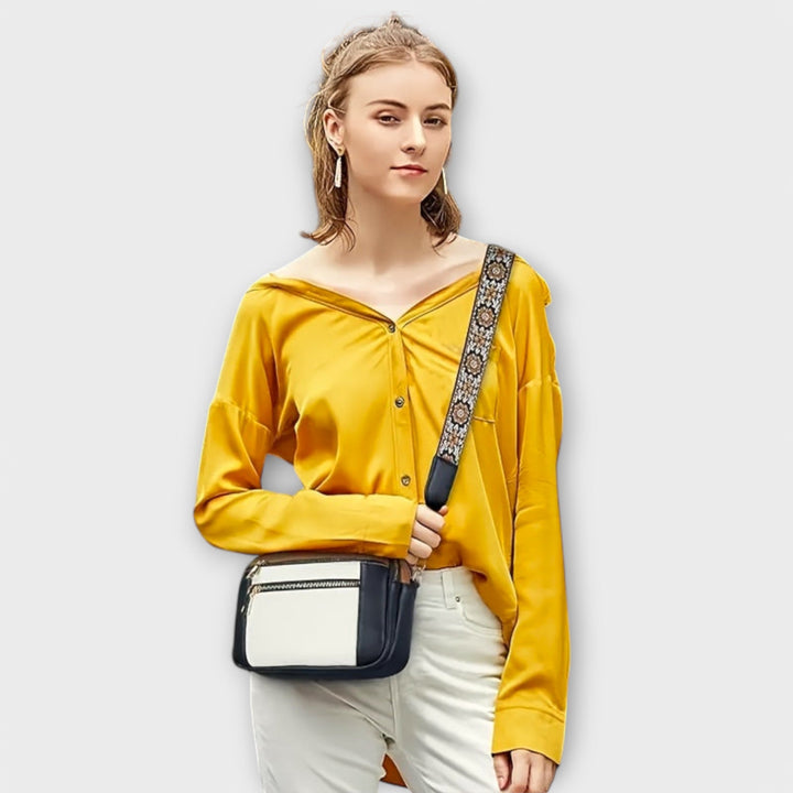 Women's Structured Crossbody Bag with Woven Guitar Strap