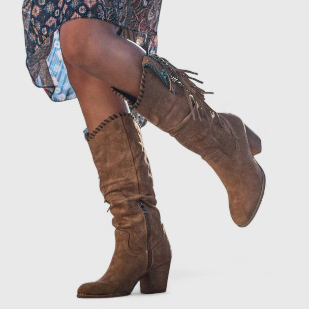 Women's Suede Fringe Knee High Boots with Block Heel