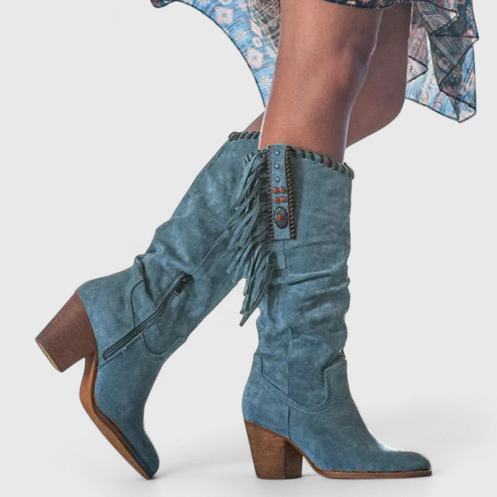Women's Suede Fringe Knee High Boots with Block Heel