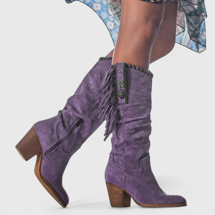 Women's Suede Fringe Knee High Boots with Block Heel