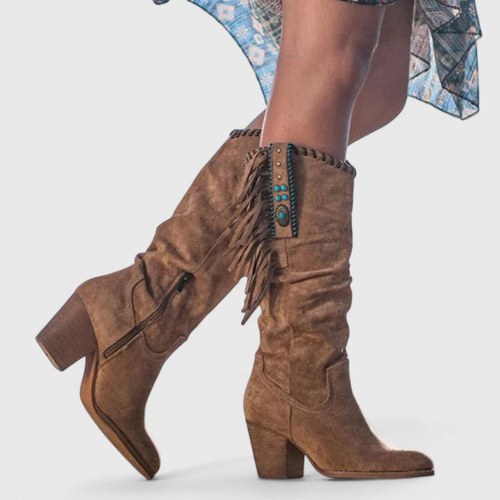 Women's Suede Fringe Knee High Boots with Block Heel