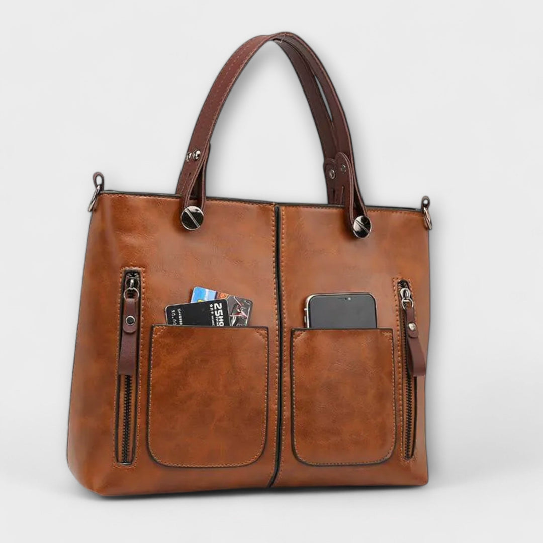 Women's Two-Tone Leather Tote Bag with Front Pockets