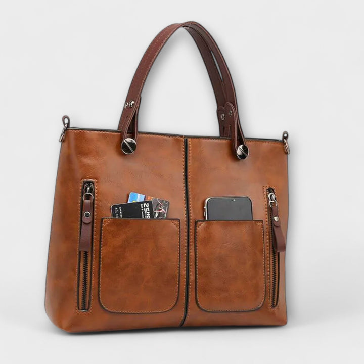 Women's Two-Tone Leather Tote Bag with Front Pockets