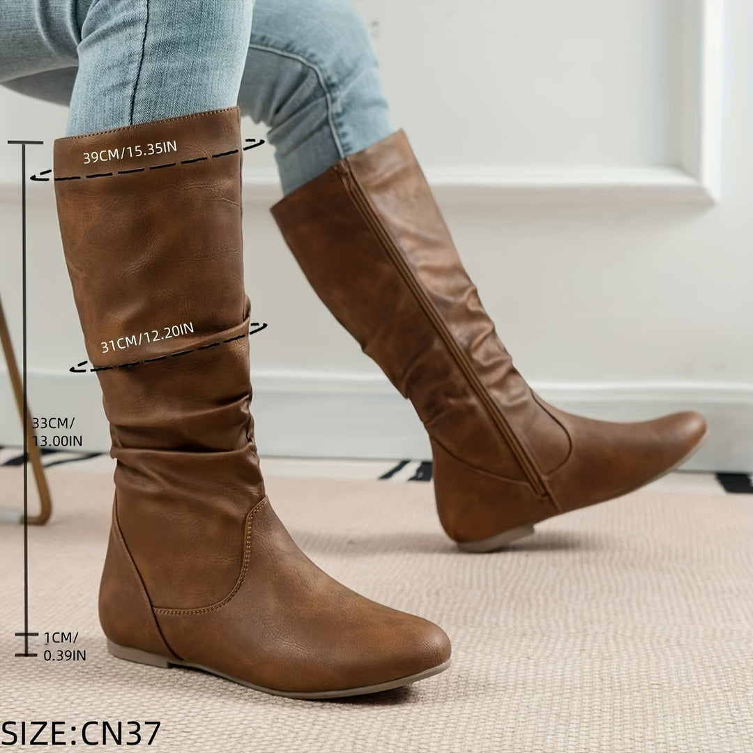 Bottes plates slouch pour femme, mi-mollet, avec fermeture éclair latérale