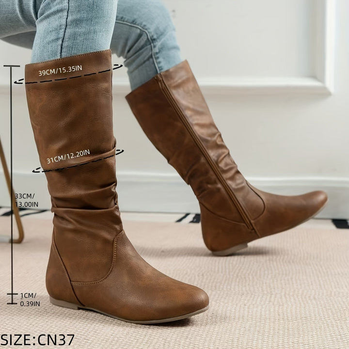 Bottes plates slouch pour femme, mi-mollet, avec fermeture éclair latérale
