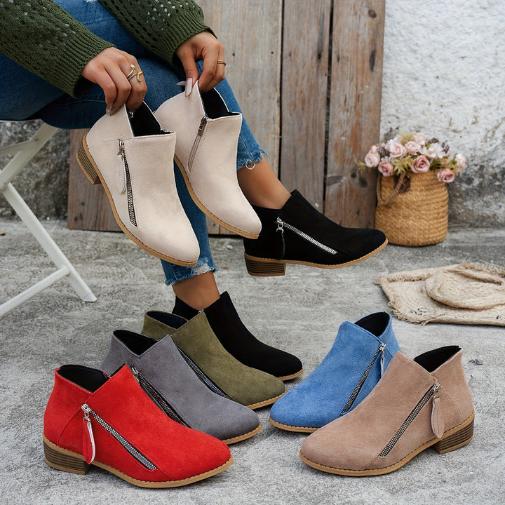 Women's Suede Ankle Boots with Side Zip Block Heel