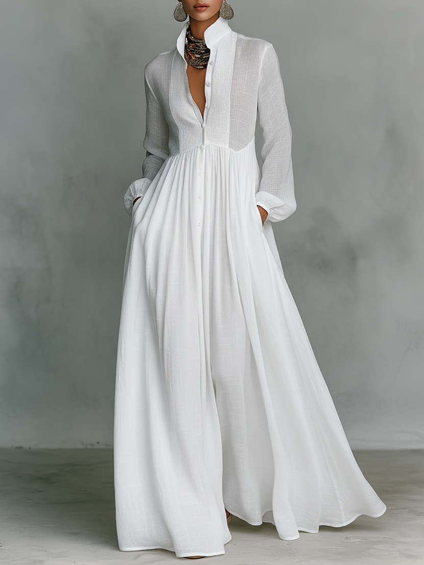 Women's Button-Front Maxi Dress with Stand Collar