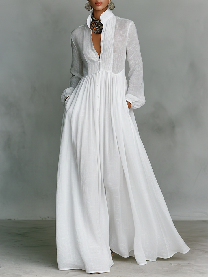 Women's Button-Front Maxi Dress with Stand Collar