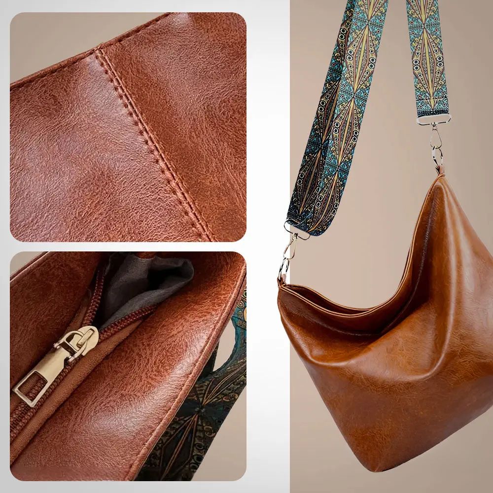 Women's Leather Tote with Embroidered Strap