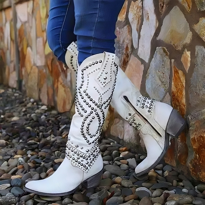 Women's Studded Leather Knee-High Boots with Block Heel