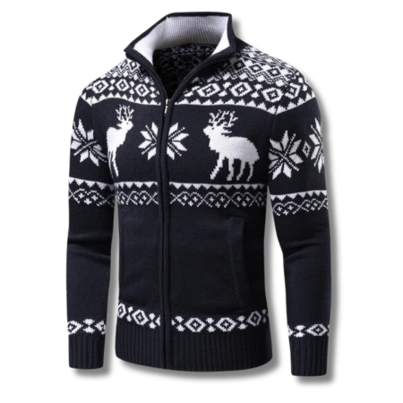 Men's Knitted Jacquard Zip-Up Jumper with Stand Collar