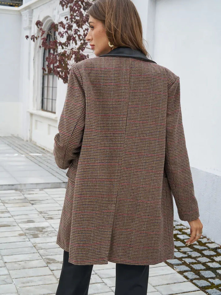 Women's Houndstooth Double-Breasted Longline Blazer with Flap Pockets