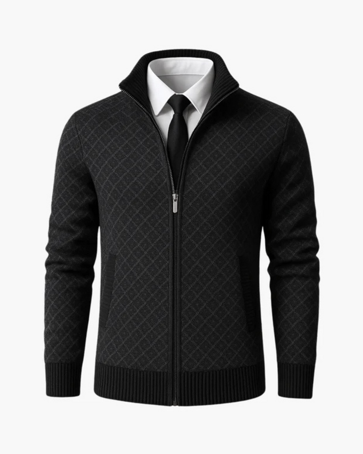Men's Knit Zip-Up Jacket with Diamond Pattern