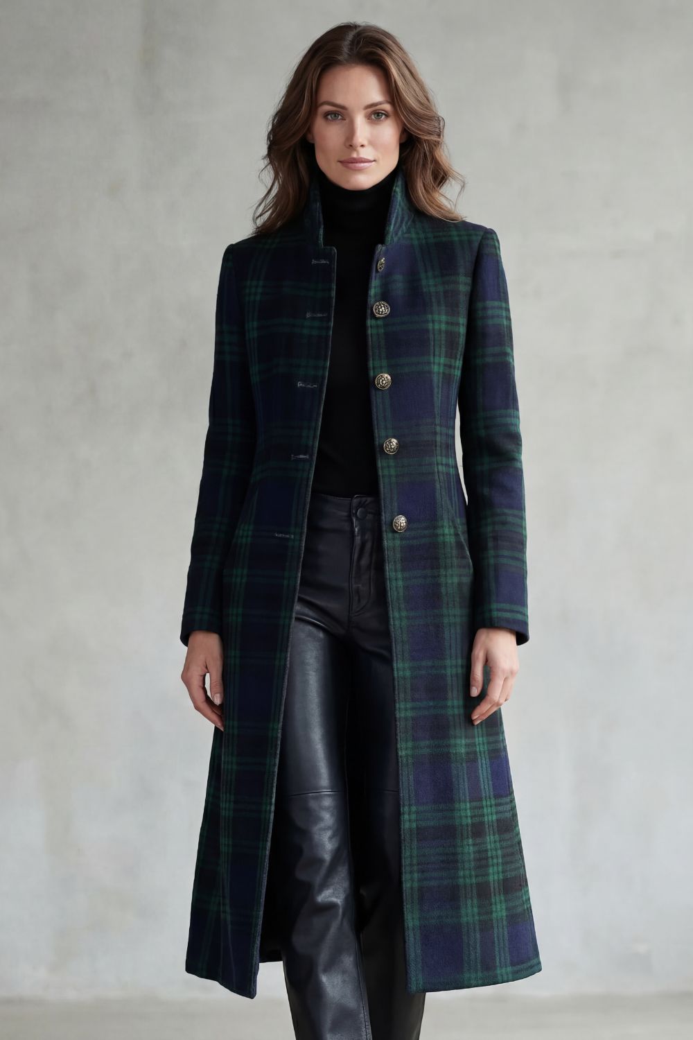 Women's Tartan Check Longline Coat with Stand Collar