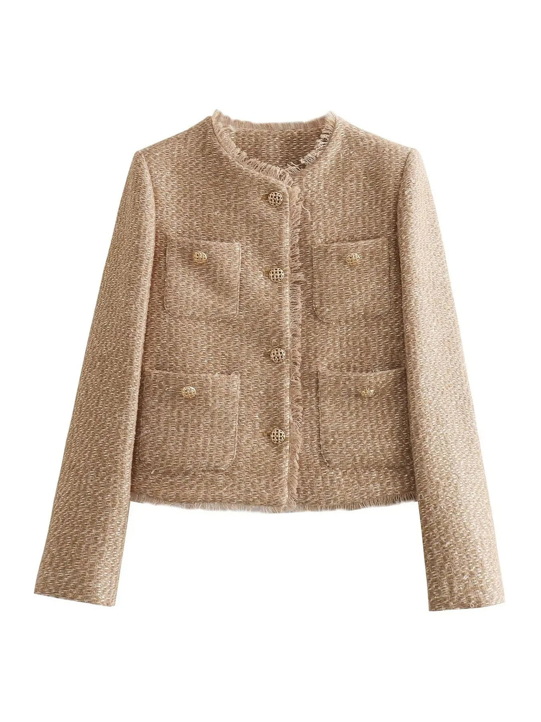 Women's Tweed Collarless Jacket with Button Fastening