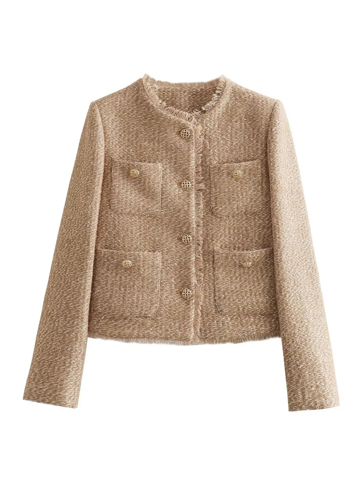 Women's Tweed Collarless Jacket with Button Fastening