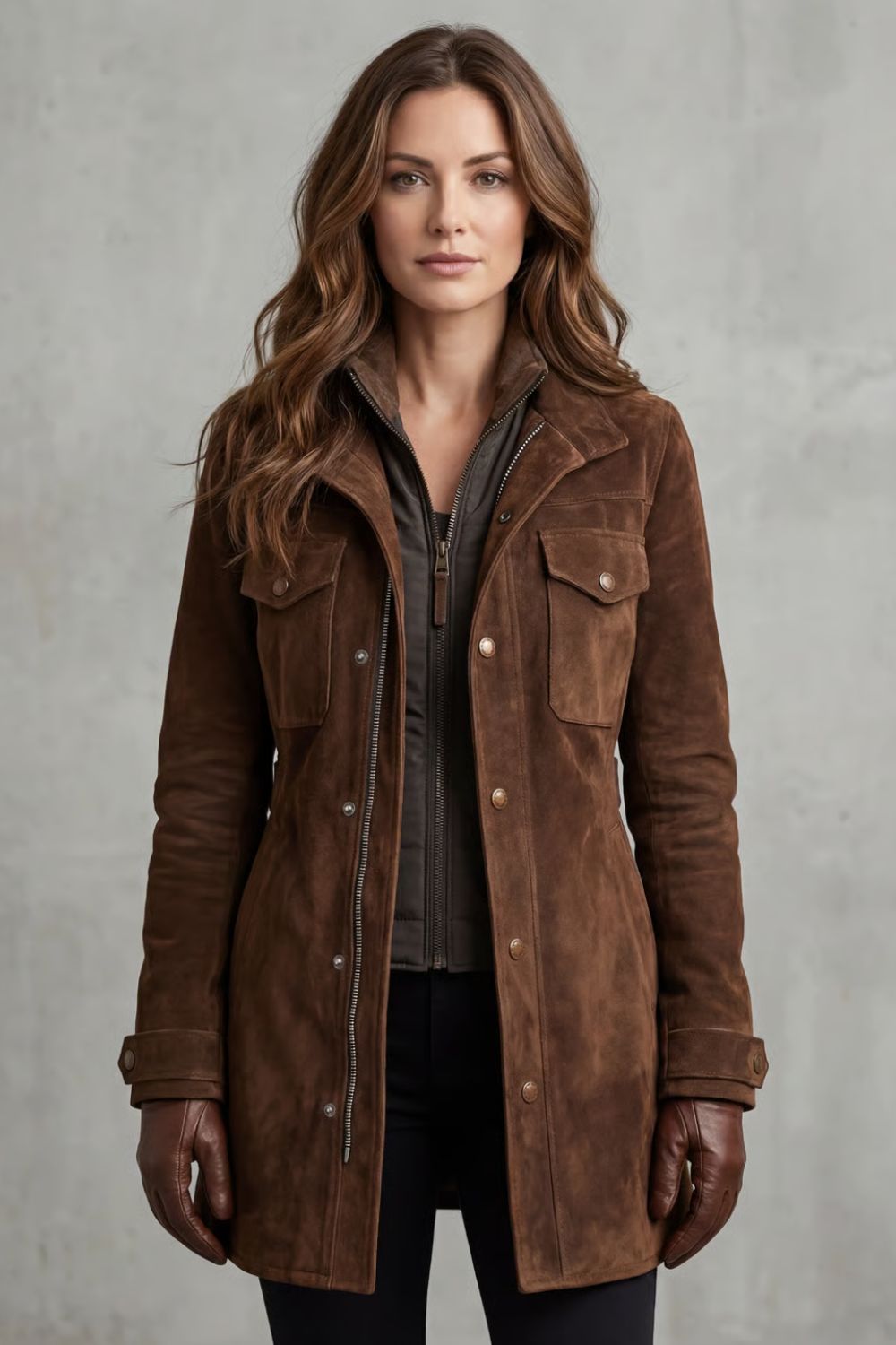 Women's Suede Utility Jacket with Snap Button Front