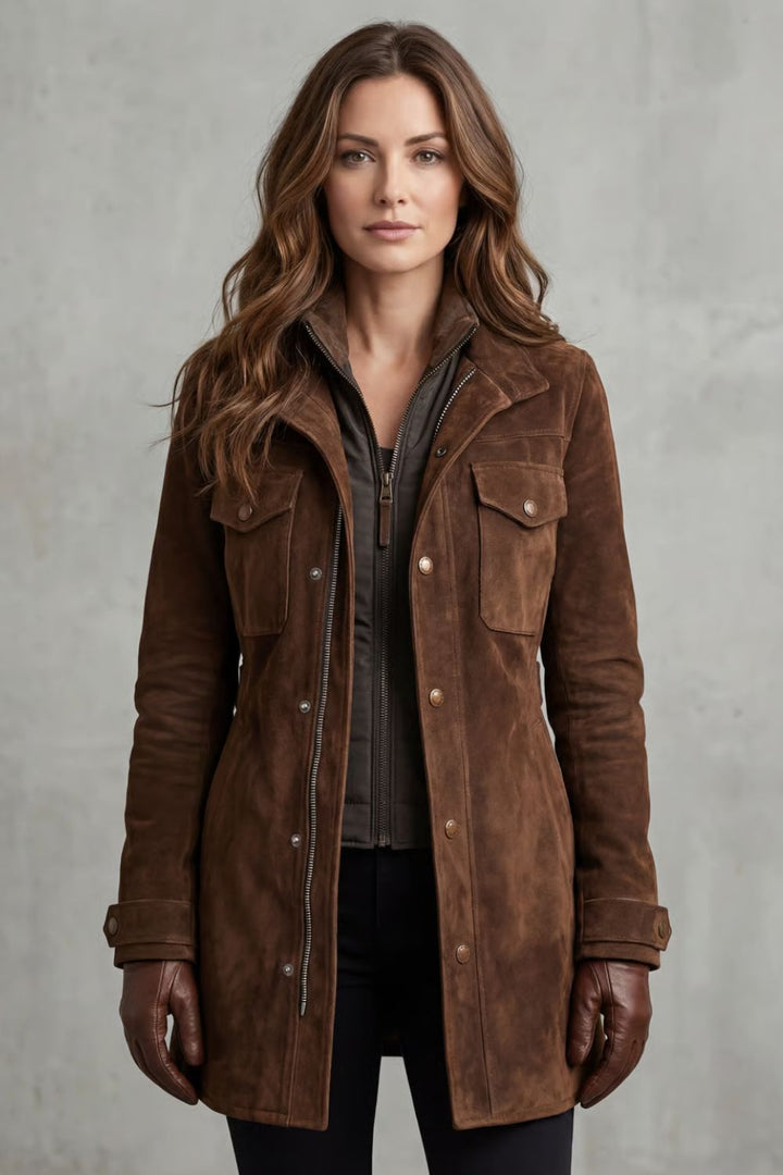 Women's Suede Utility Jacket with Snap Button Front