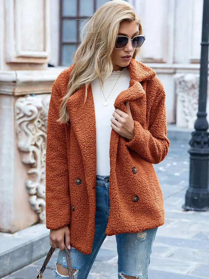 Women's Teddy Coat with Notch Lapel and Double-Breasted Front