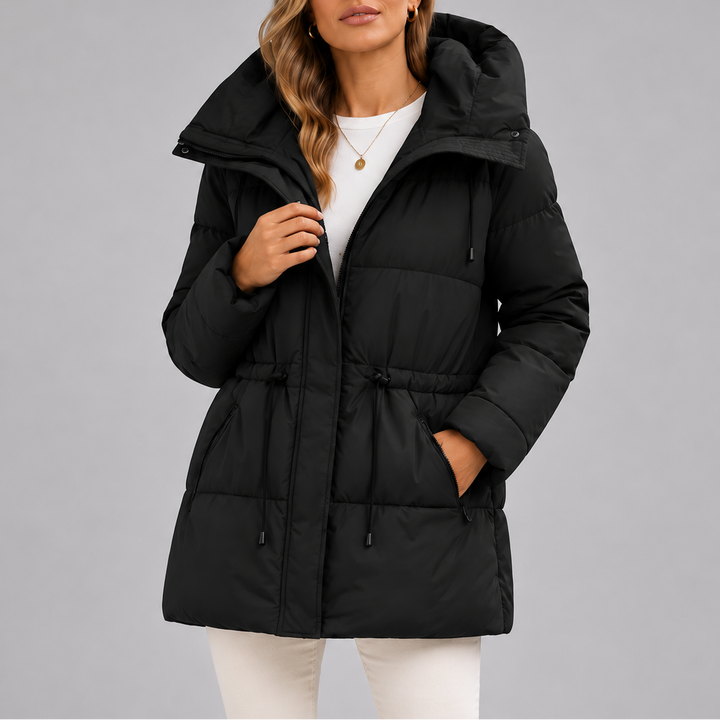 Women's Hooded Puffer Coat with Drawstring Waist