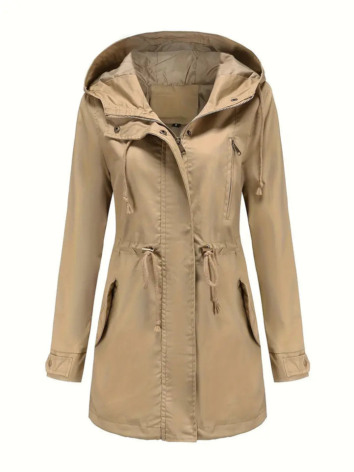 Parka imperméable à capuche pour femme avec taille à cordon de serrage