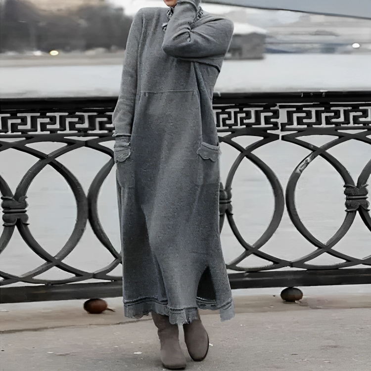 Women's Knitted Maxi Dress with High Neck and Front Pockets