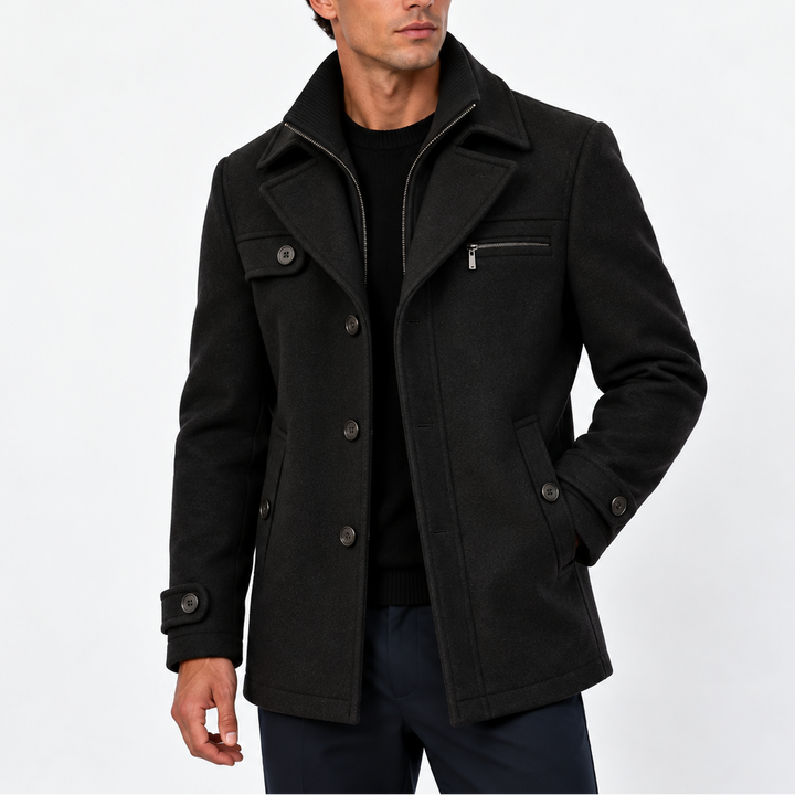 Men's Wool Blend Coat with Zip Collar and Button Front