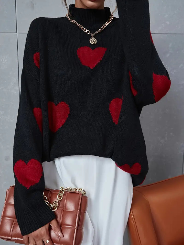 Women's Heart Print Knitted Turtleneck Jumper in Relaxed Fit