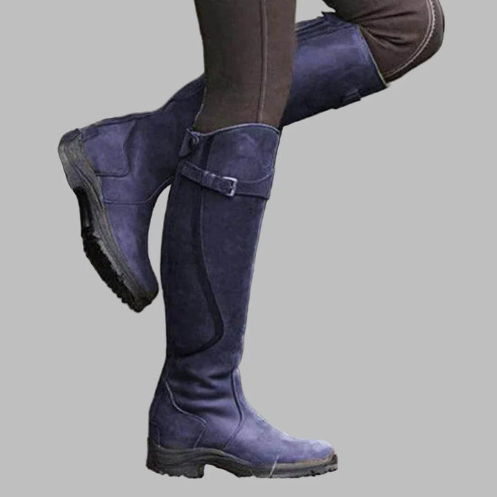 Women's Leather Knee-High Riding Boots with Buckle Strap