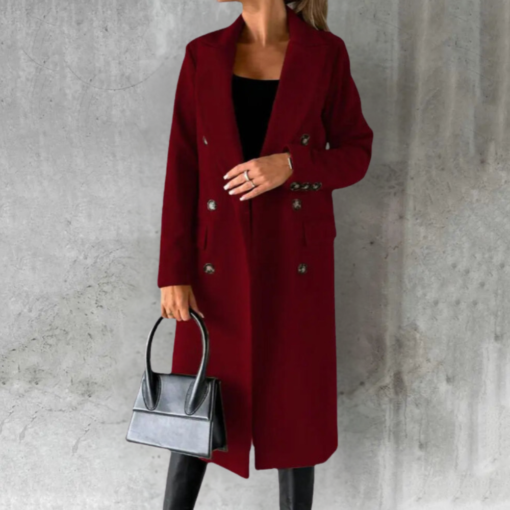 Women's Double-Breasted Long Coat with Notched Lapel