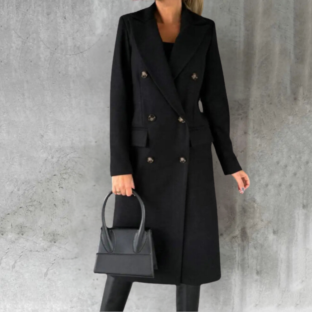 Women's Double-Breasted Long Coat with Notched Lapel