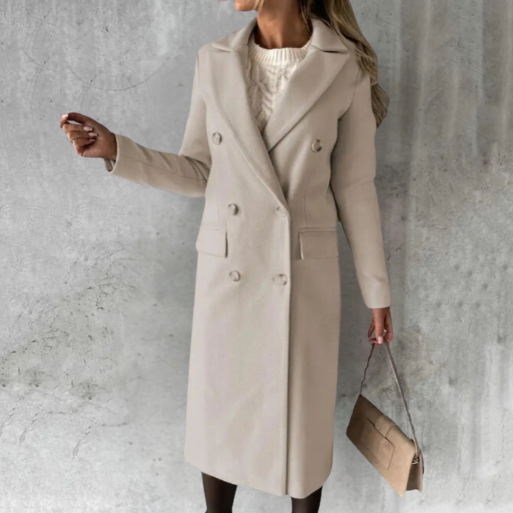 Women's Double-Breasted Long Coat with Notched Lapel