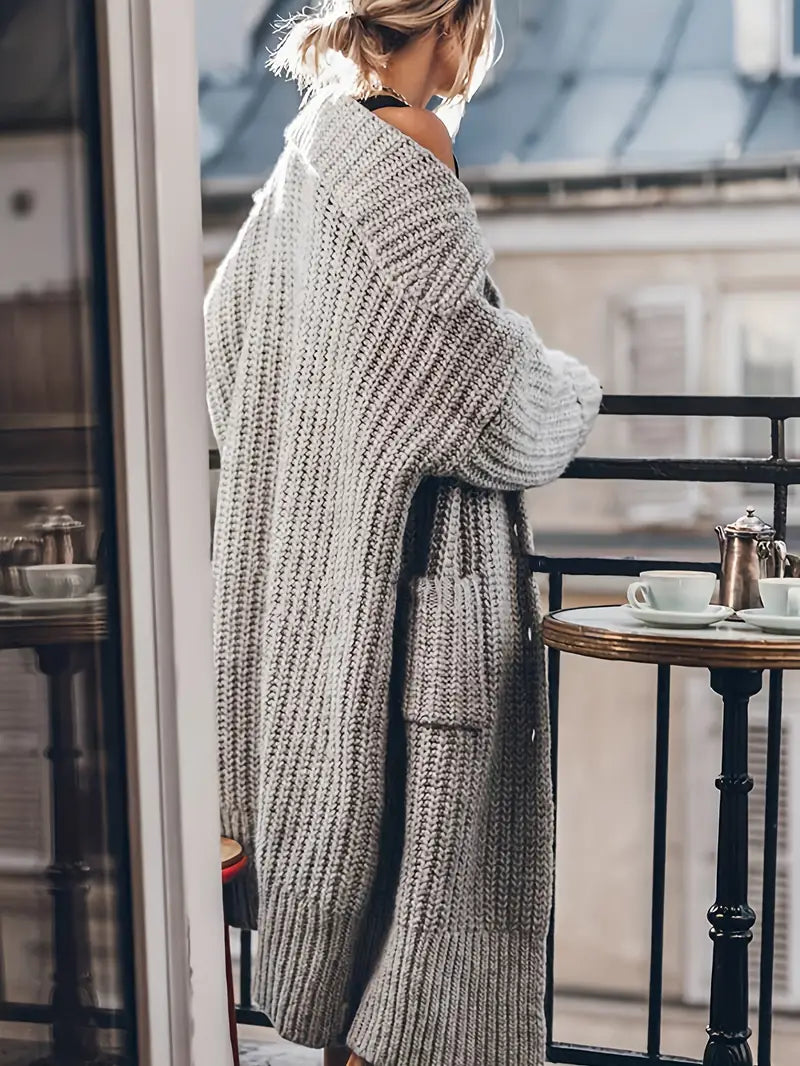 Women's Chunky Knit Longline Cardigan with Front Pockets