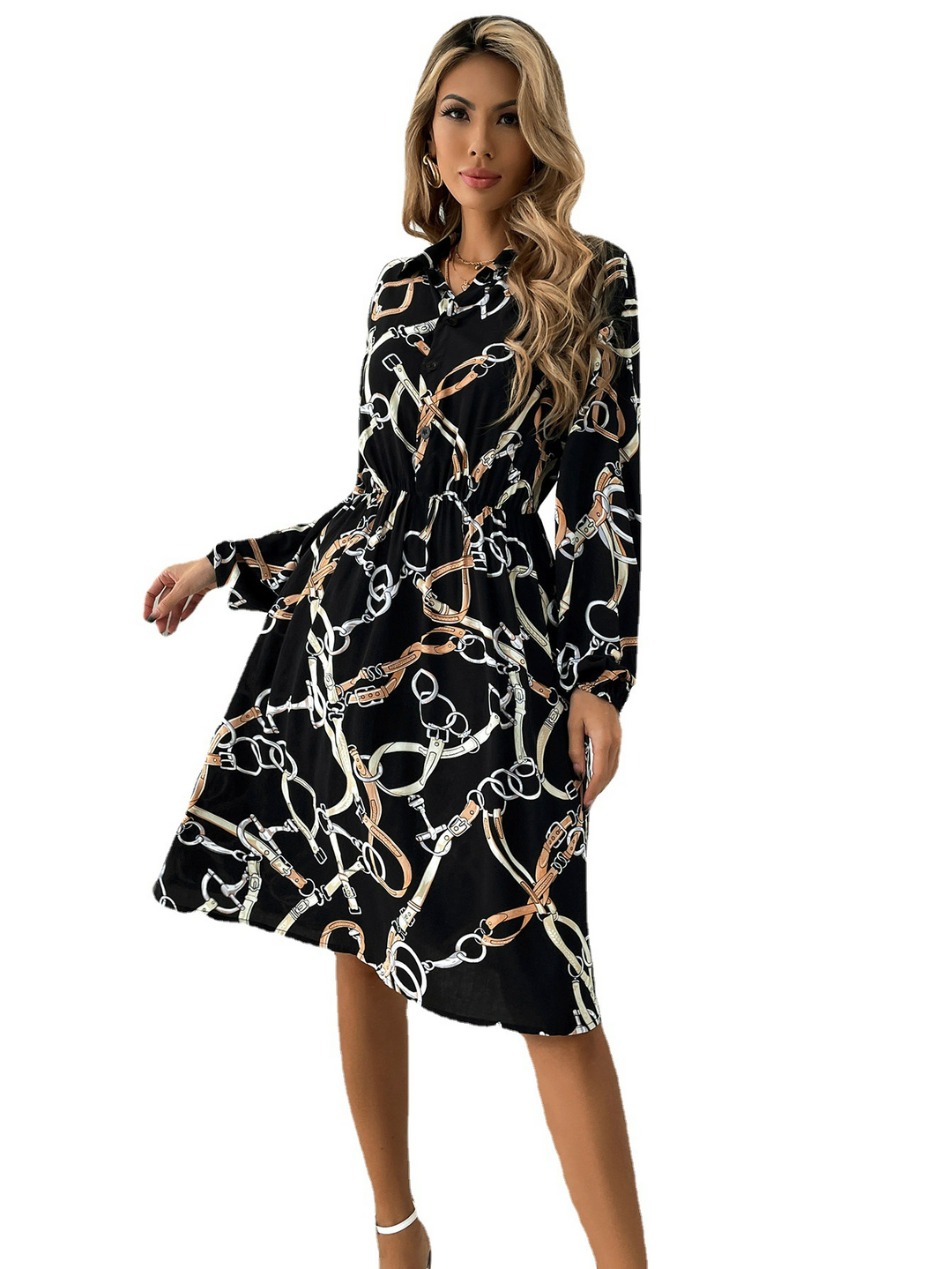 Women's Chain Print Shirt Dress with Drawstring Waist