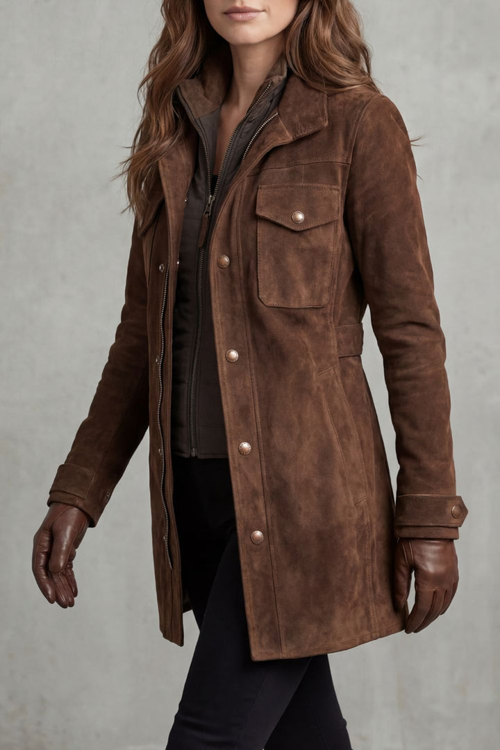 Women's Suede Utility Jacket with Snap Button Front