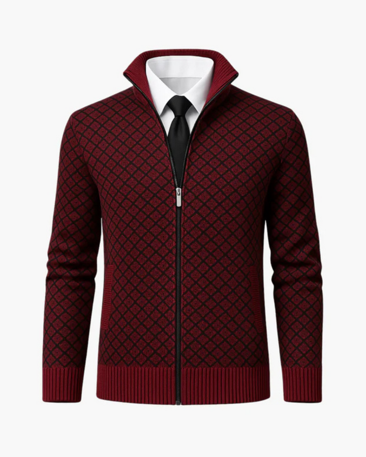 Men's Knit Zip-Up Jacket with Diamond Pattern