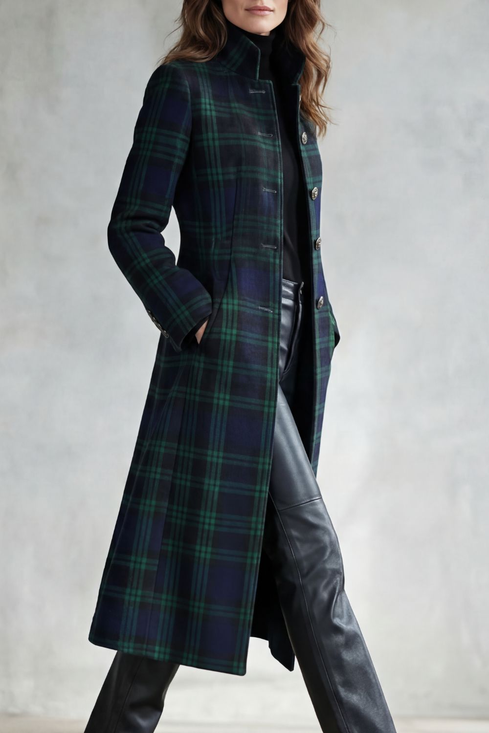 Women's Tartan Check Longline Coat with Stand Collar