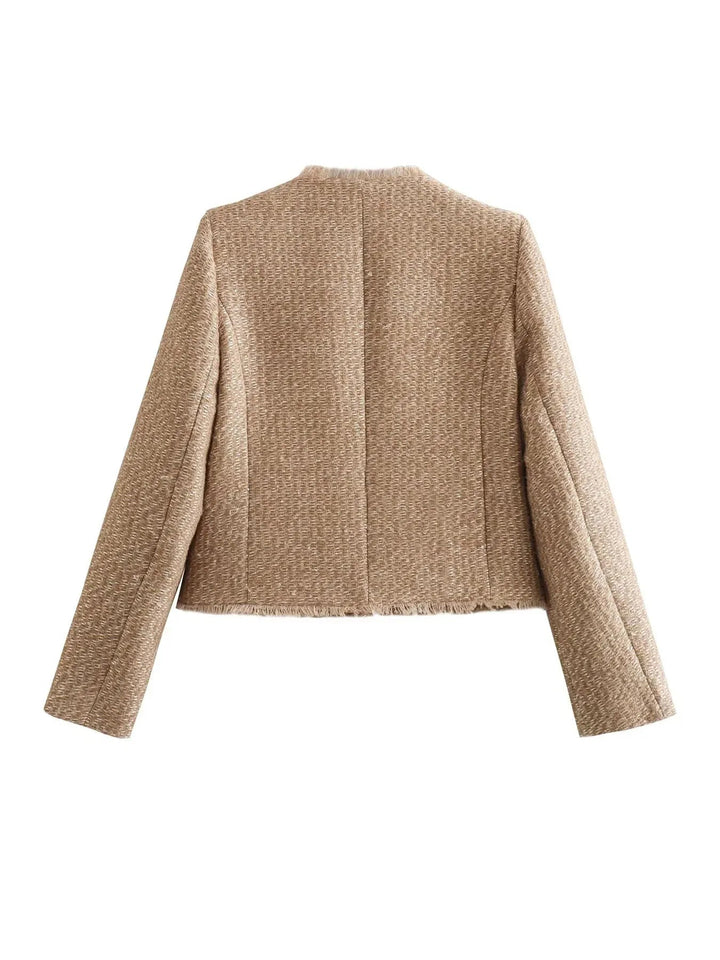 Women's Tweed Collarless Jacket with Button Fastening
