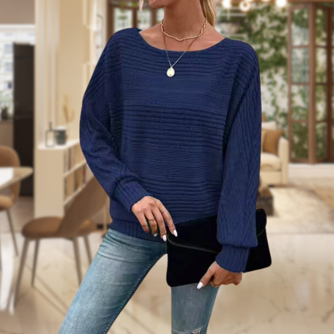 Women's Ribbed Batwing Sleeve Boat Neck Jumper
