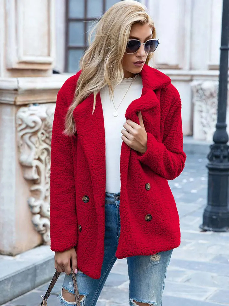 Women's Teddy Coat with Notch Lapel and Double-Breasted Front