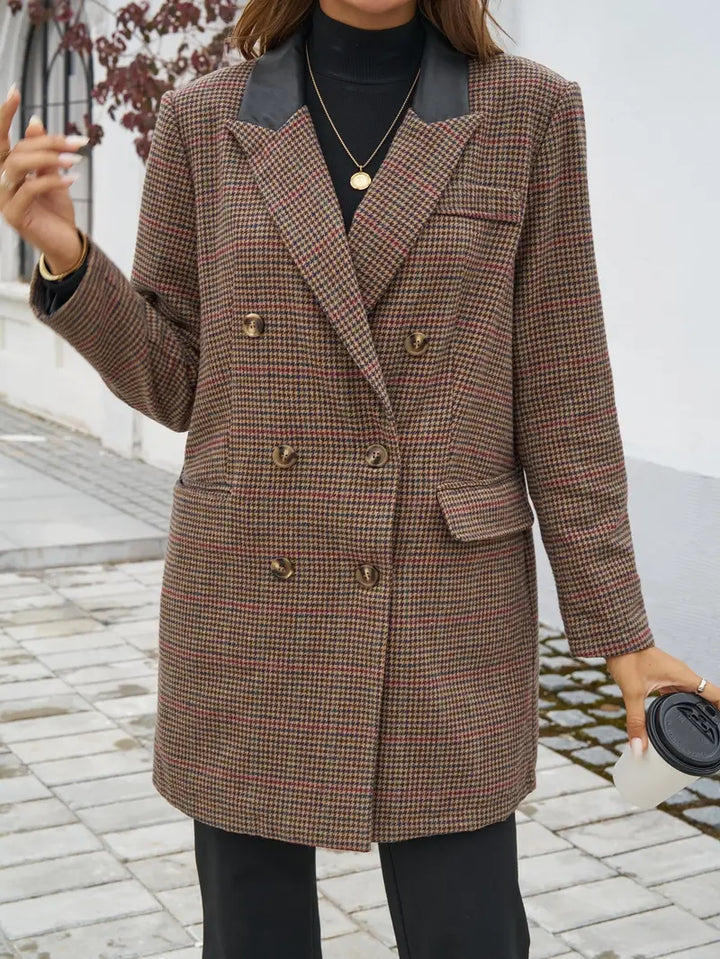 Women's Houndstooth Double-Breasted Longline Blazer with Flap Pockets
