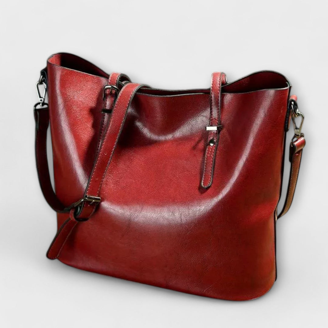 Women's Leather Bucket Tote with Buckle Strap Detail