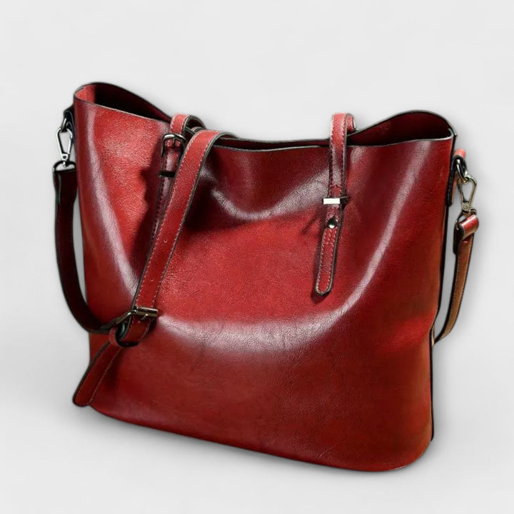 Women's Leather Bucket Tote with Buckle Strap Detail